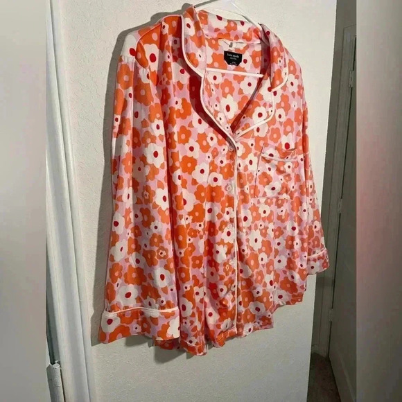 Kate Spade Floral Orange Pink White Quarter Sleeve Button Down Pajama Top Sz XL - Picture 3 of 10